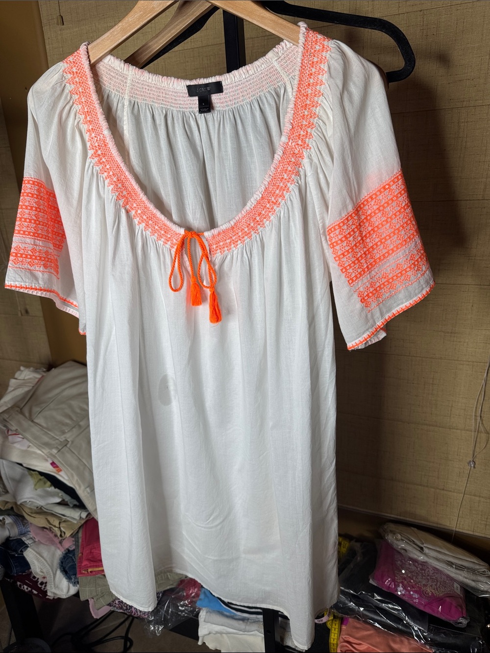 J.Crew White Neon Orange Embroidered Cotton Tunic Mini Dress Size Large - Picture 2 of 7